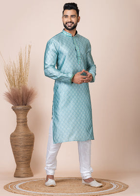 Sea Green Silk Full Sleeves Mandarin Collar Kurta And Pajama Set