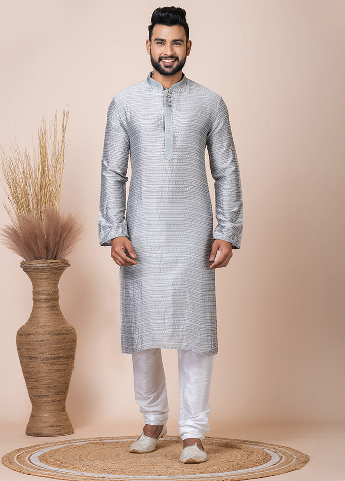 Grey Silk Full Sleeves Mandarin Collar Kurta And Pajama Set