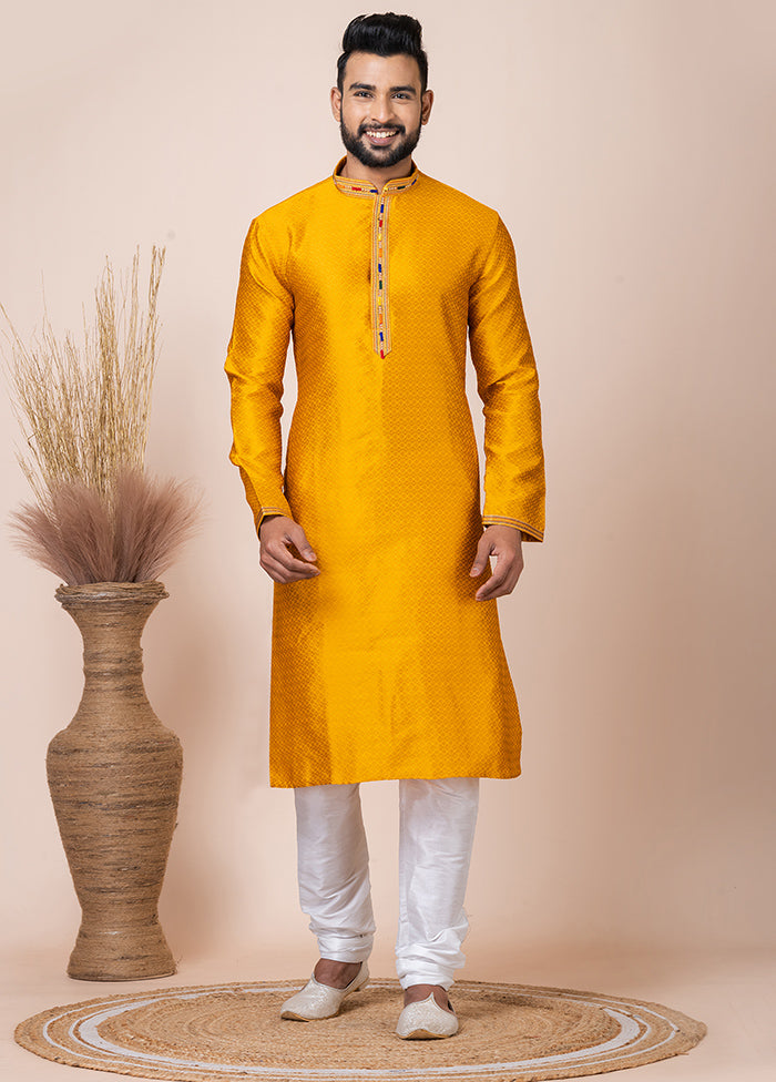 Yellow Silk Full Sleeves Mandarin Collar Kurta And Pajama Set