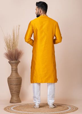 Yellow Silk Full Sleeves Mandarin Collar Kurta And Pajama Set