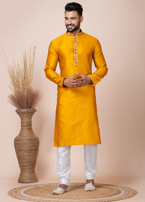 Yellow Silk Full Sleeves Mandarin Collar Kurta And Pajama Set