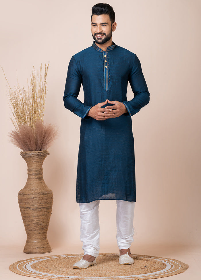 Dark Blue Silk Full Sleeves Mandarin Collar Kurta And Pajama Set