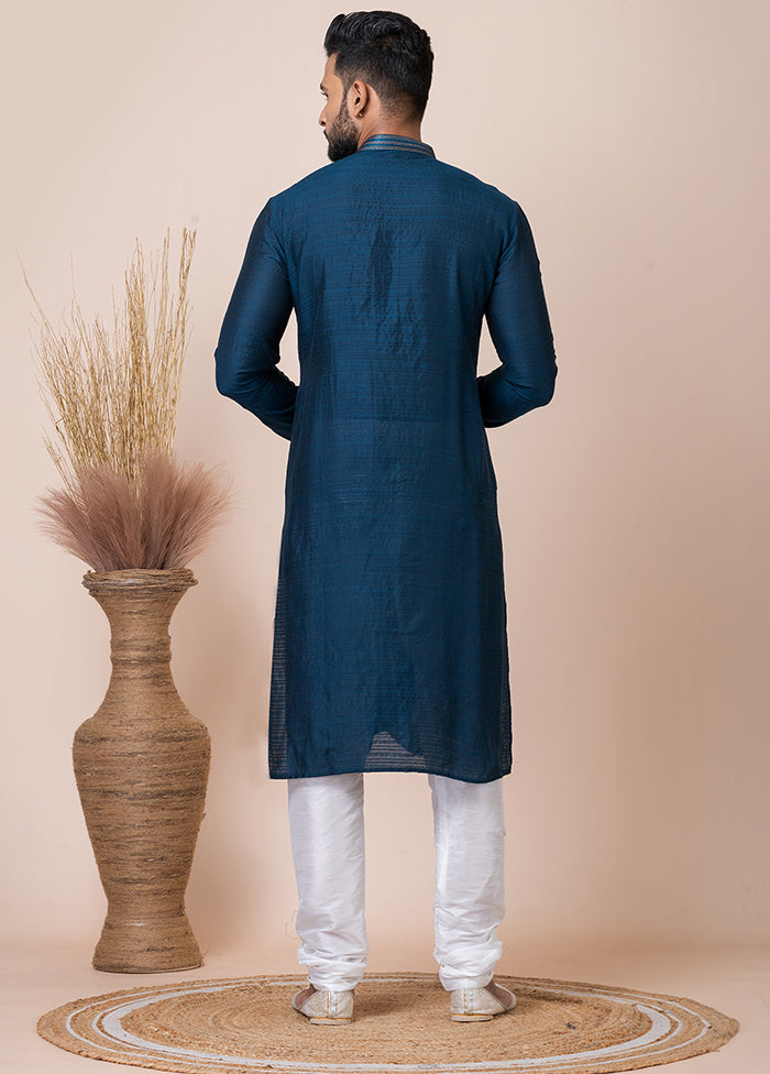 Dark Blue Silk Full Sleeves Mandarin Collar Kurta And Pajama Set