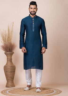 Dark Blue Silk Full Sleeves Mandarin Collar Kurta And Pajama Set