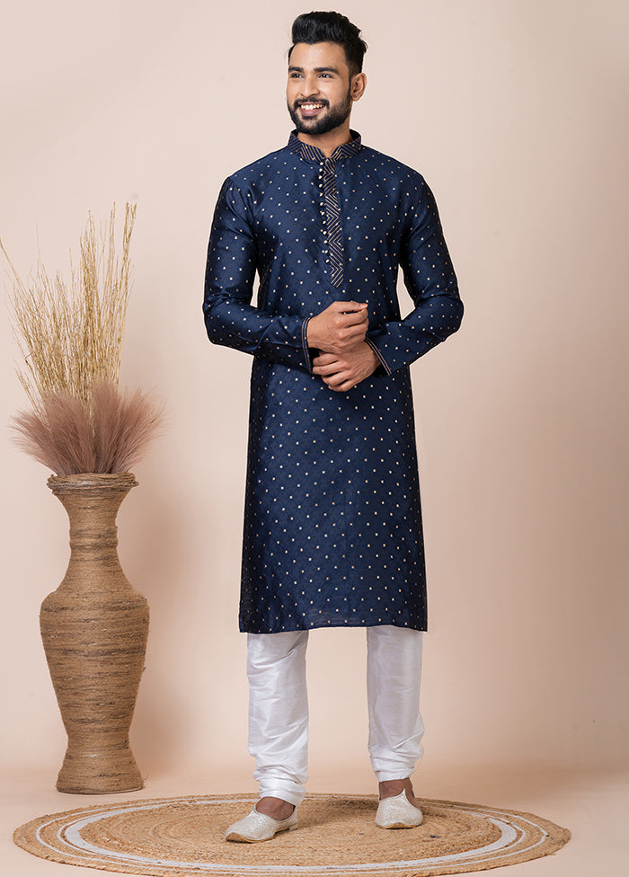 Navy Blue Silk Full Sleeves Mandarin Collar Kurta And Pajama Set