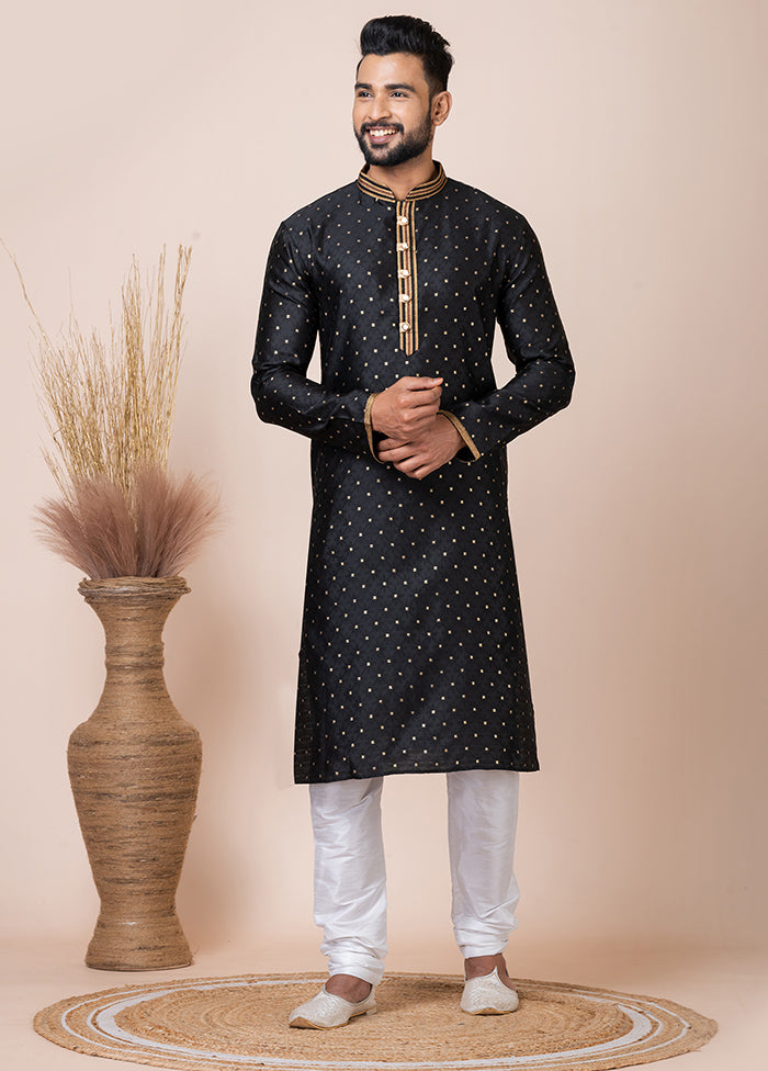 Black Silk Full Sleeves Mandarin Collar Kurta And Pajama Set