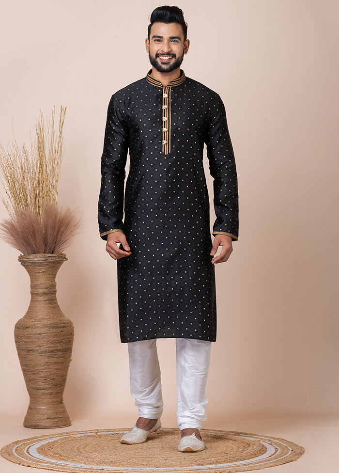 Black Silk Full Sleeves Mandarin Collar Kurta And Pajama Set