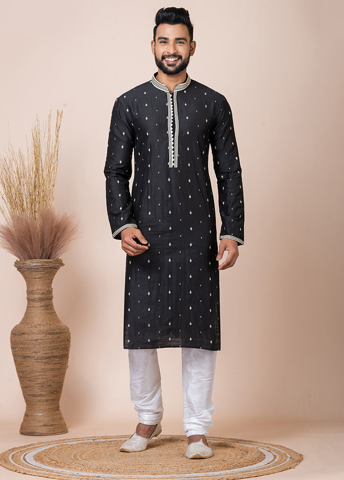 Black Silk Full Sleeves Mandarin Collar Kurta And Pajama Set