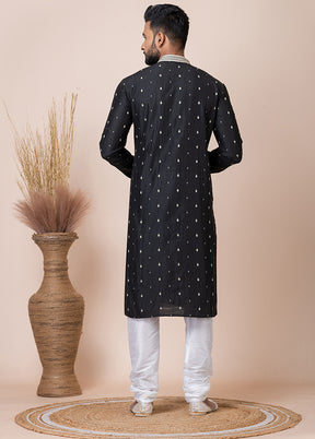 Black Silk Full Sleeves Mandarin Collar Kurta And Pajama Set