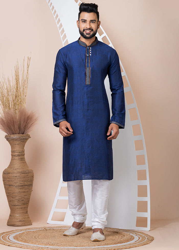 Navy Blue Silk Full Sleeves Mandarin Collar Kurta And Pajama Set