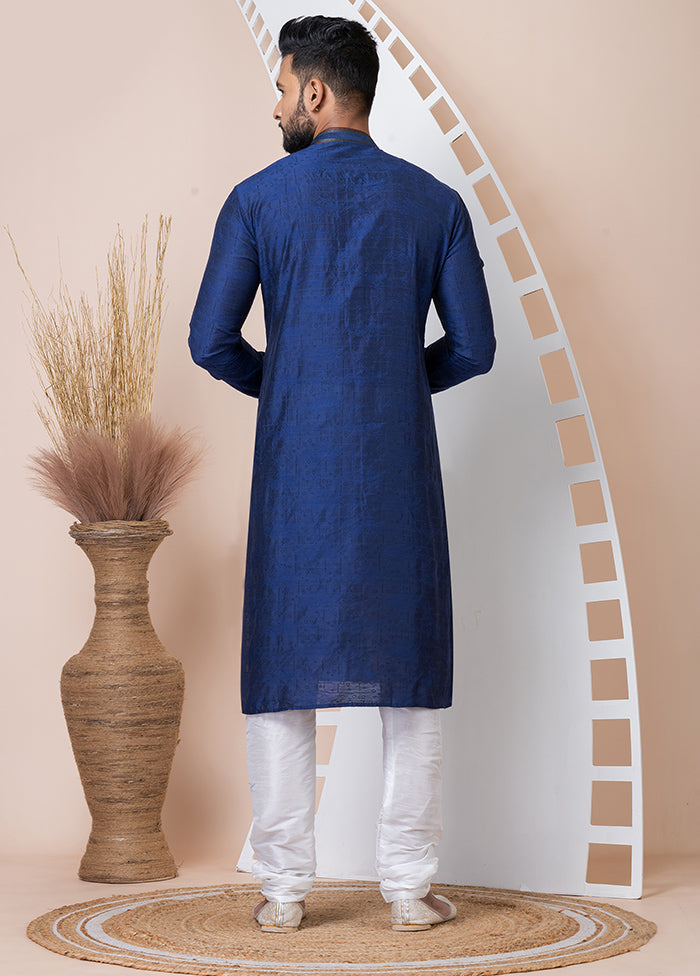 Navy Blue Silk Full Sleeves Mandarin Collar Kurta And Pajama Set