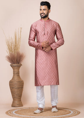 Dark Peach Silk Full Sleeves Mandarin Collar Kurta And Pajama Set