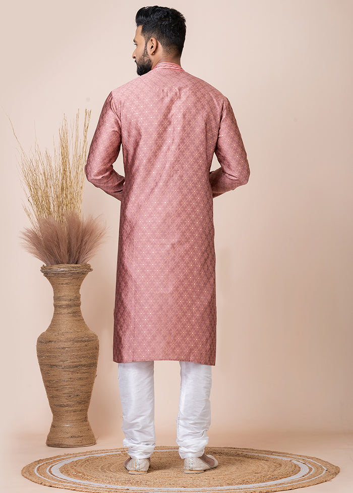 Dark Peach Silk Full Sleeves Mandarin Collar Kurta And Pajama Set