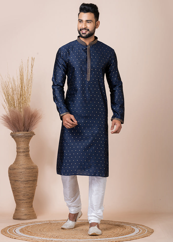 Navy Blue Silk Full Sleeves Mandarin Collar Kurta And Pajama Set