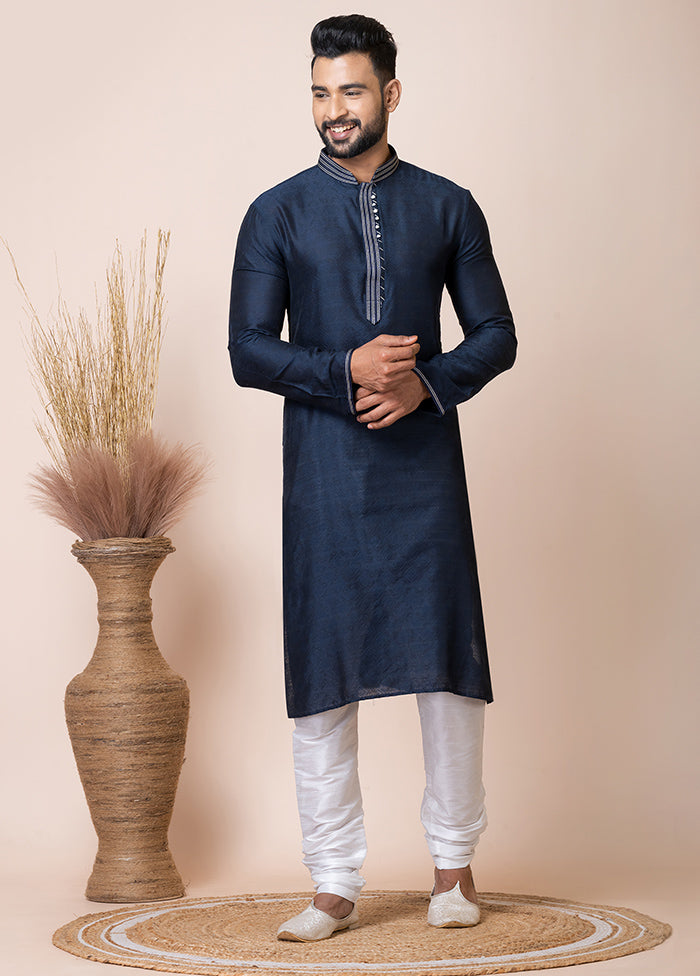 Navy Blue Silk Full Sleeves Mandarin Collar Kurta And Pajama Set