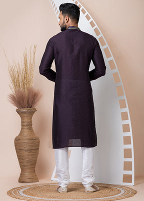 Violet Silk Full Sleeves Mandarin Collar Kurta And Pajama Set