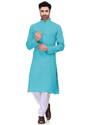 Sky Blue Cotton Kurta And Pajama Set