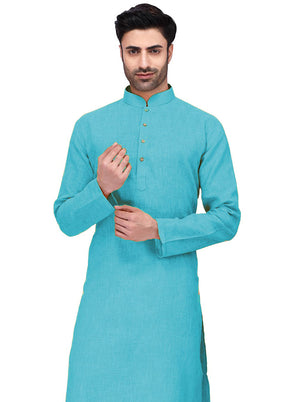 Sky Blue Cotton Kurta And Pajama Set