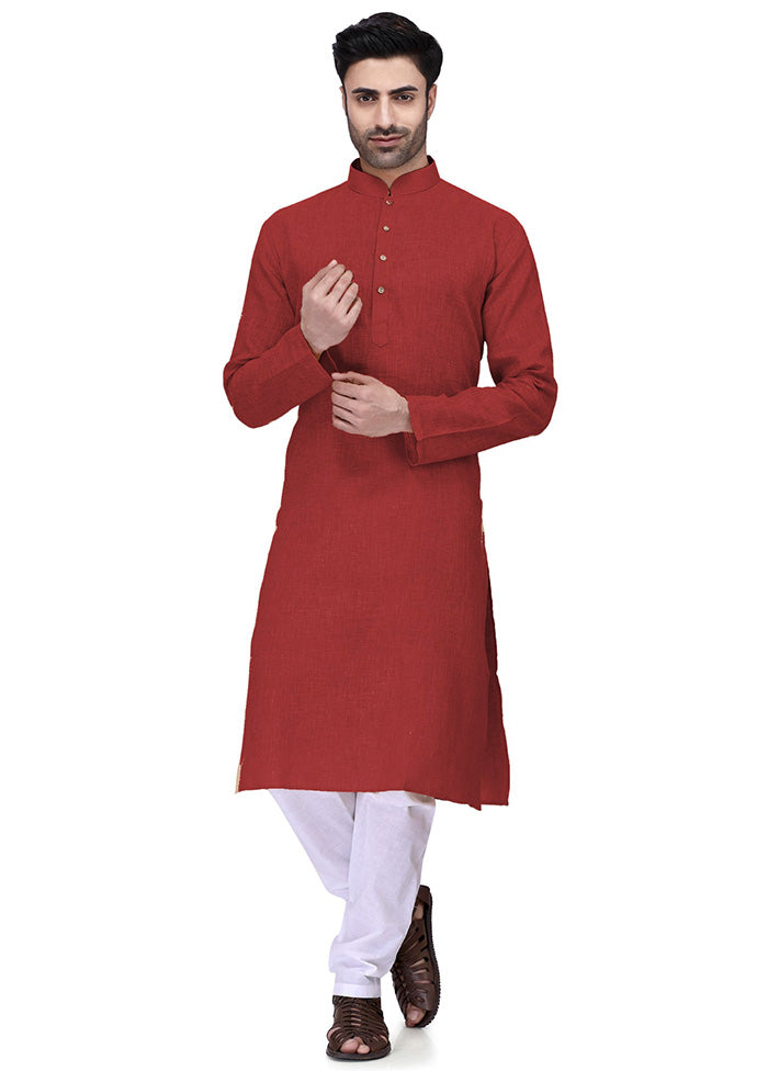 Dark Red Cotton Kurta And Pajama Set