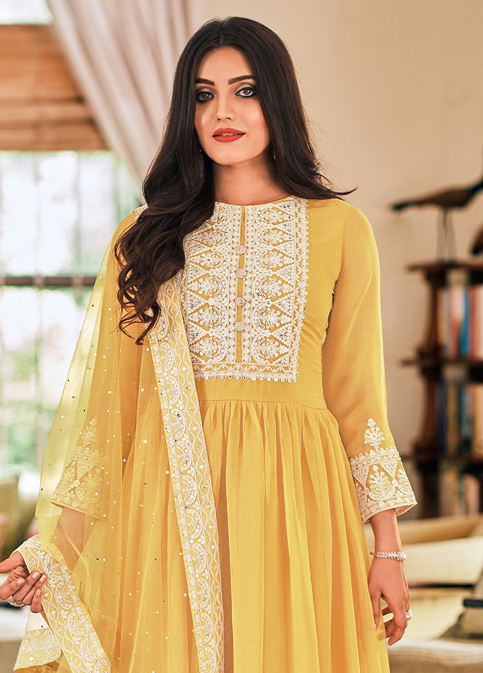 3 Pc Yellow Semi Stitched Georgette Suit Set