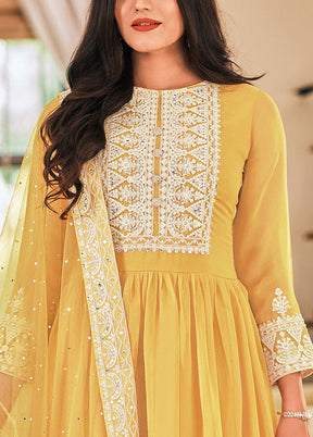 3 Pc Yellow Semi Stitched Georgette Suit Set