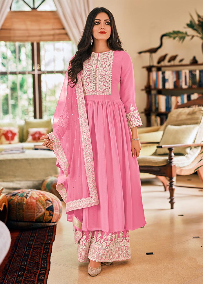 3 Pc Pink Semi Stitched Georgette Suit Set