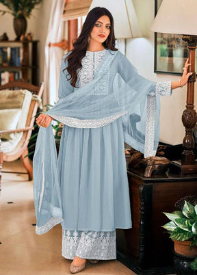 3 Pc Sky Blue Semi Stitched Georgette Suit Set