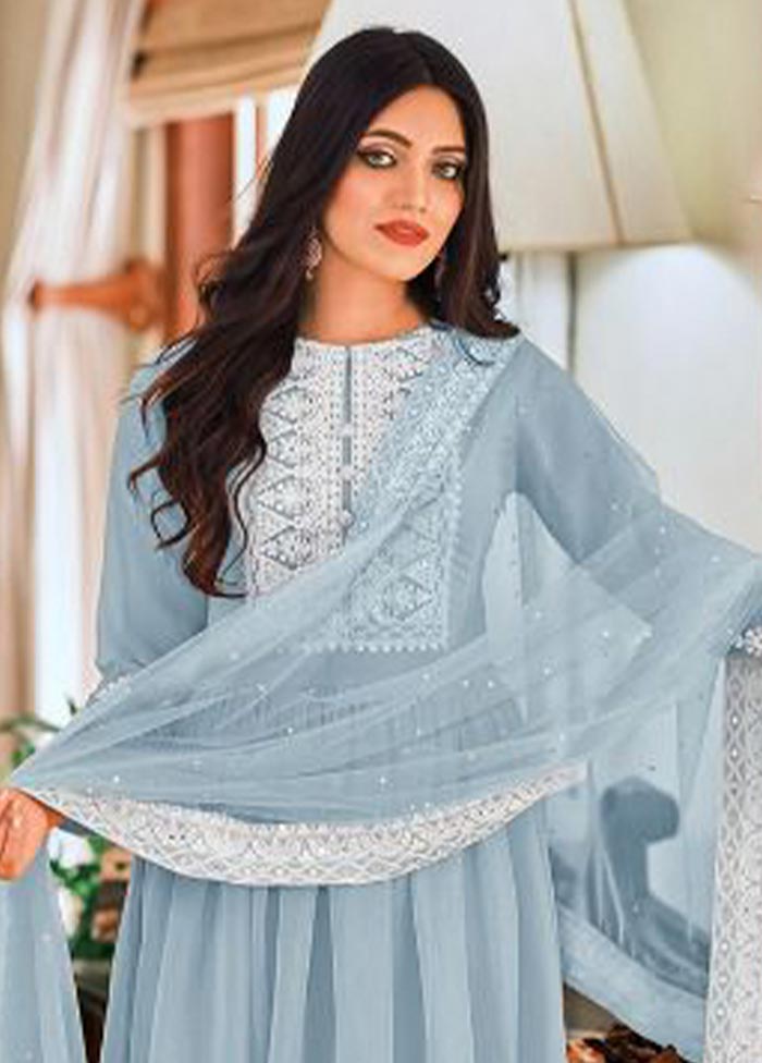 3 Pc Sky Blue Semi Stitched Georgette Suit Set