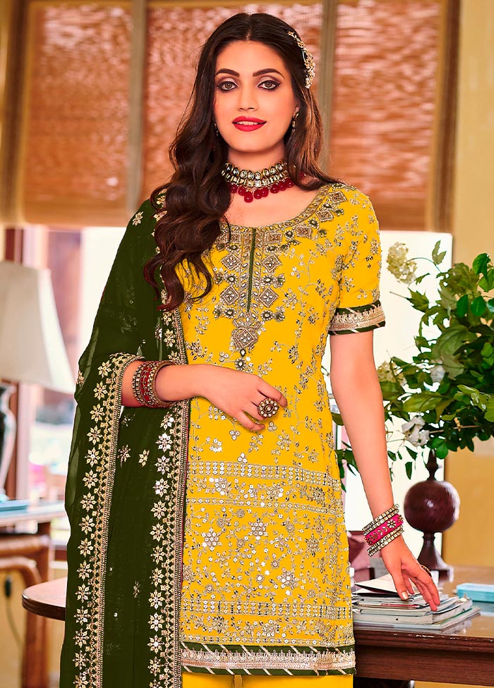 3 Pc Yellow Semi Stitched Georgette Suit Set