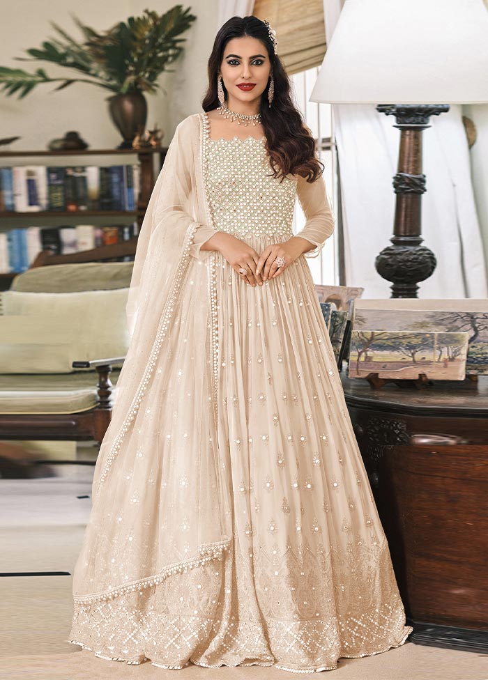 3 Pc Beige Semi Stitched Georgette Suit Set