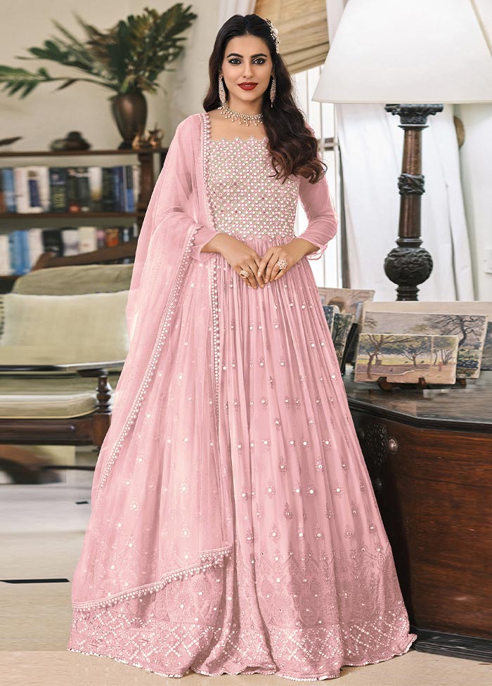 3 Pc Light Pink Semi Stitched Georgette Suit Set