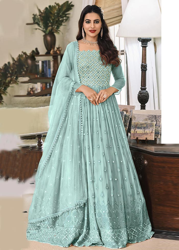 3 Pc Sky Blue Semi Stitched Georgette Suit Set