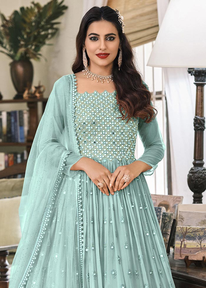 3 Pc Sky Blue Semi Stitched Georgette Suit Set