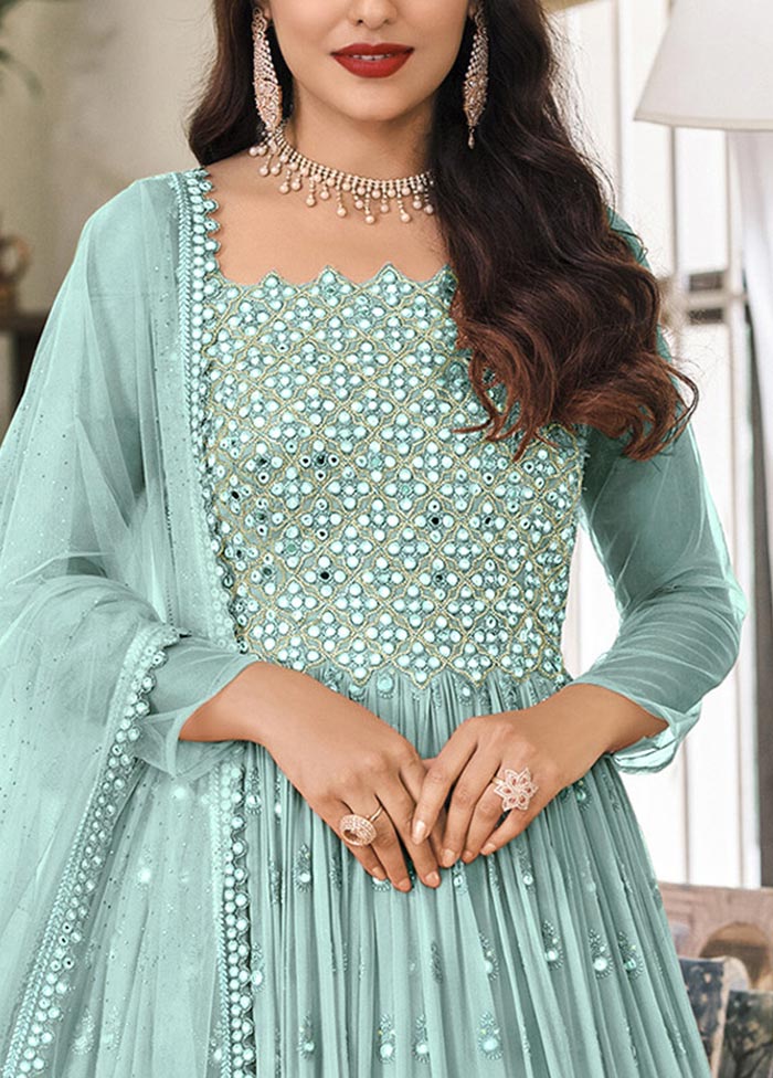 3 Pc Sky Blue Semi Stitched Georgette Suit Set