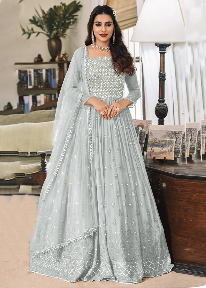 3 Pc Grey Semi Stitched Georgette Suit Set