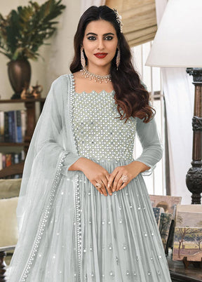 3 Pc Grey Semi Stitched Georgette Suit Set