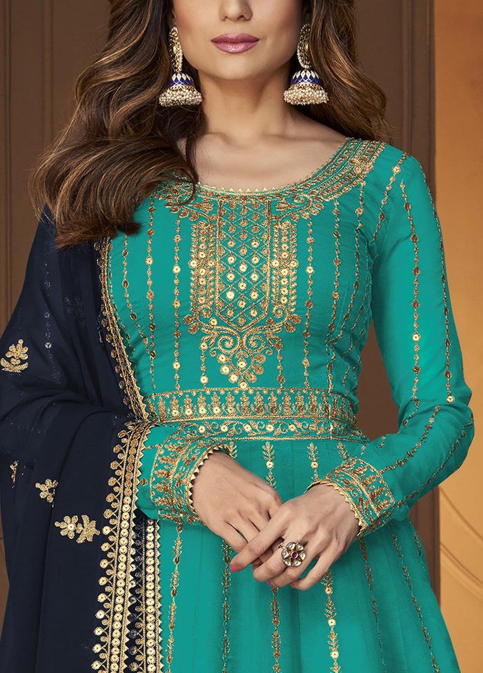 3 Pc Blue Semi Stitched Georgette Suit Set