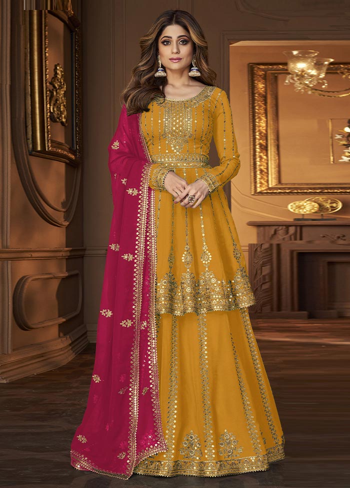 3 Pc Mustard Semi Stitched Georgette Suit Set