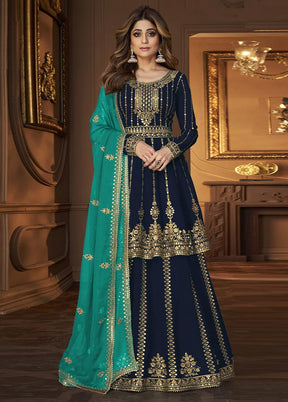 3 Pc Navy Blue Semi Stitched Georgette Suit Set