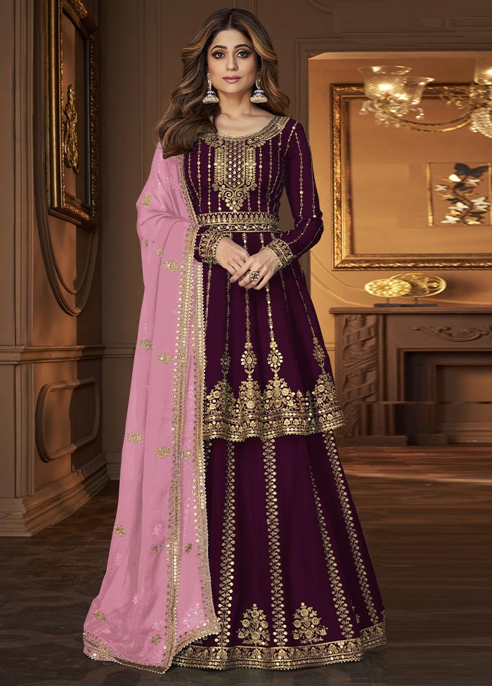 3 Pc Wine Semi Stitched Georgette Suit Set