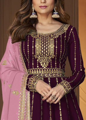 3 Pc Wine Semi Stitched Georgette Suit Set