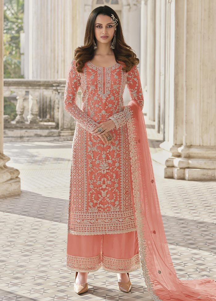 3 Pc Peach Semi Stitched Net Suit Set