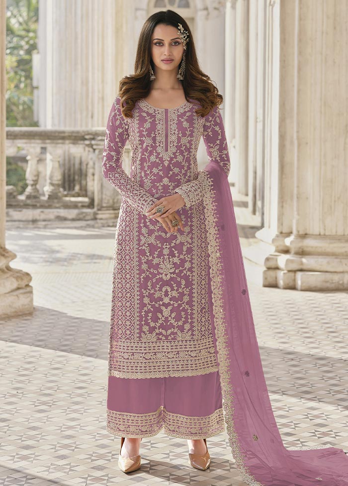 3 Pc Light Pink Semi Stitched Net Suit Set