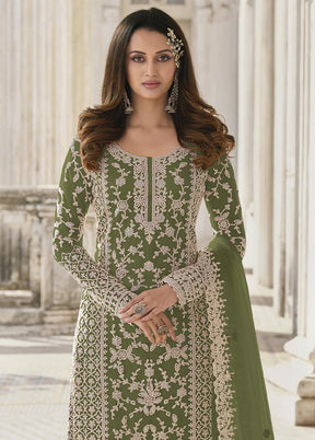 3 Pc Green Semi Stitched Net Suit Set