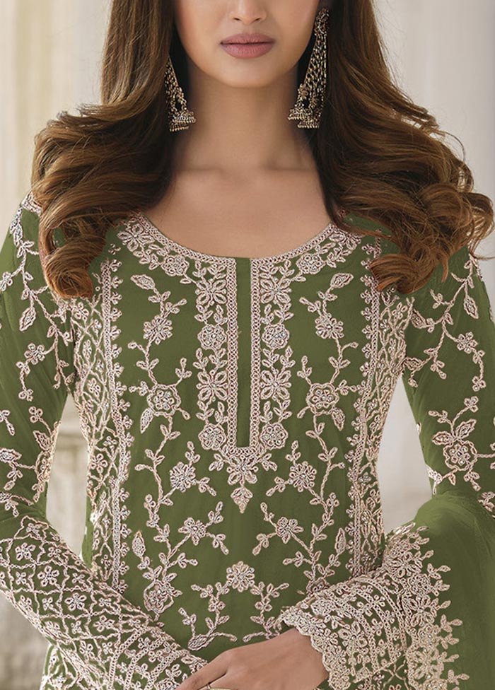 3 Pc Green Semi Stitched Net Suit Set