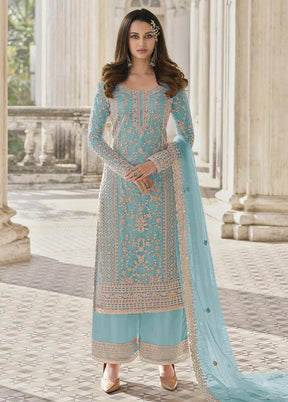 3 Pc Sky Blue Semi Stitched Net Suit Set