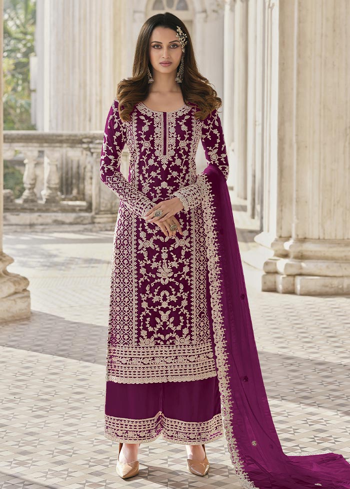 3 Pc Purple Semi Stitched Net Suit Set