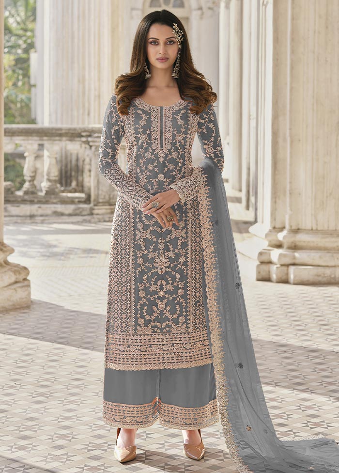 3 Pc Grey Semi Stitched Net Suit Set