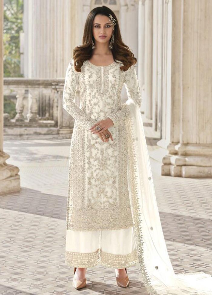 3 Pc White Semi Stitched Net Suit Set