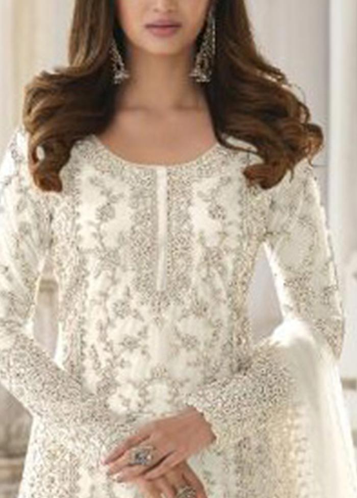 3 Pc White Semi Stitched Net Suit Set